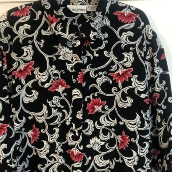 Alfred Dunner Floral Print Top Size 18 Button Down Black Red White - Picture 6 of 9